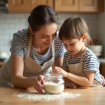 Une femme adulte et un enfant découvrent ensemble la farine d'insectes dans une cuisine familiale moderne