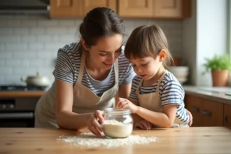 Une femme adulte et un enfant découvrent ensemble la farine d'insectes dans une cuisine familiale moderne