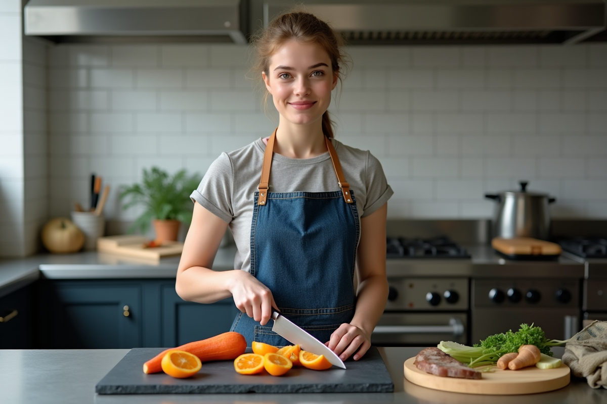 Étudiante en cuisine présentant des légumes tranchés