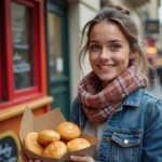 Jeune femme souriante avec beignets de banane à Paris