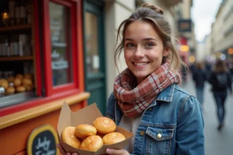 Jeune femme souriante avec beignets de banane à Paris