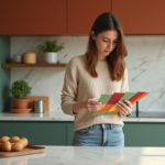 Jeune femme examine une palette de couleurs dans une cuisine moderne