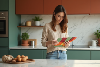 Jeune femme examine une palette de couleurs dans une cuisine moderne