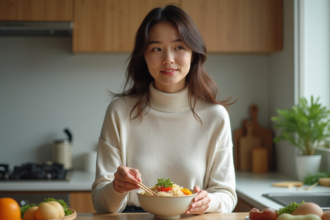 Jeune femme préparant un bol de riz vegan dans une cuisine moderne