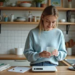 Jeune femme en cuisine lisant une recette à la maison