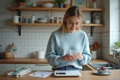 Jeune femme en cuisine lisant une recette à la maison