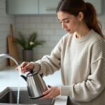 Jeune femme rinçant un kettle en inox dans la cuisine moderne