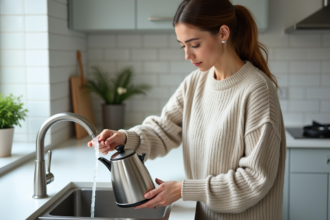Jeune femme rinçant un kettle en inox dans la cuisine moderne