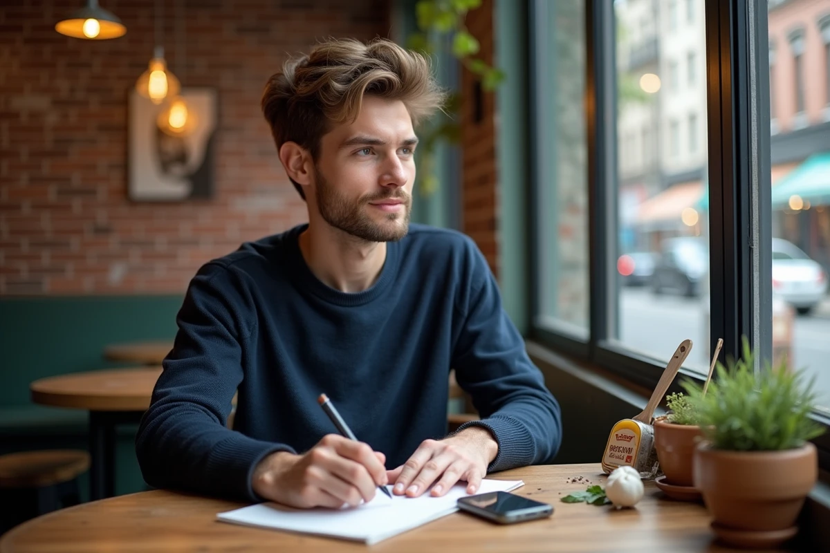 Jeune homme au café avec ingrédients internationaux