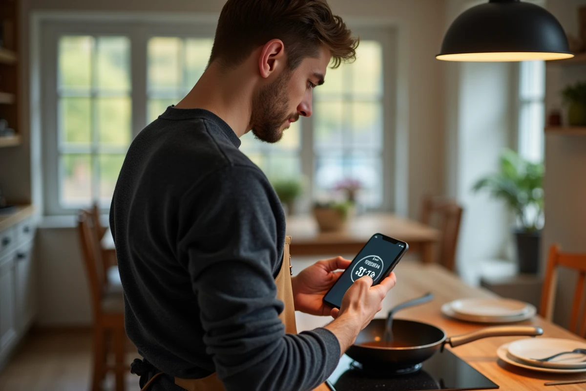 Jeune homme en cuisine vérifiant un minuteur sur son smartphone