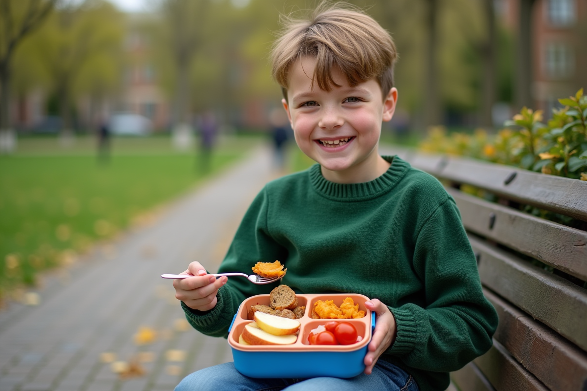 Adolescent mangeant un déjeuner coloré au parc
