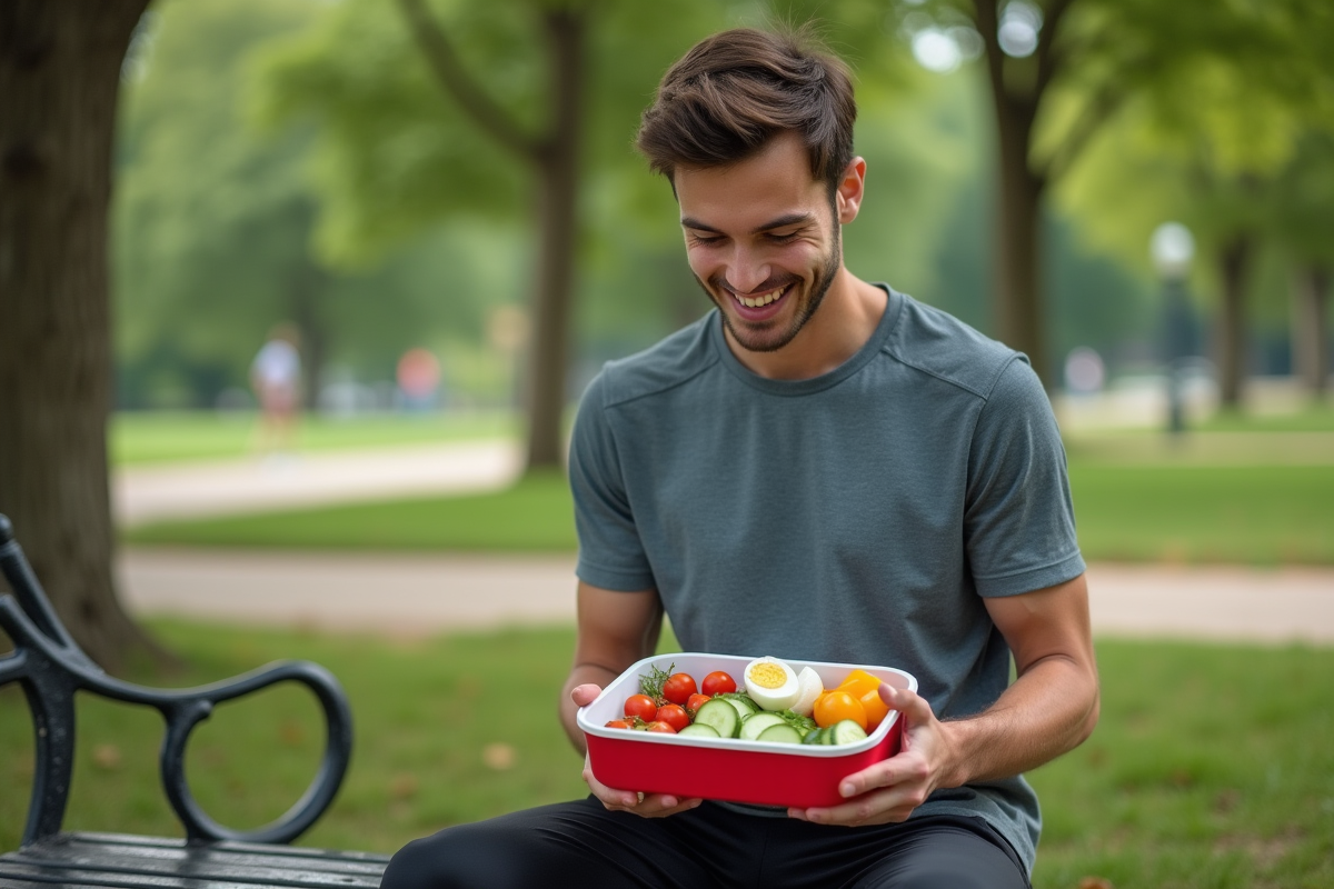 Jeune homme avec lunchbox sain en plein air au parc