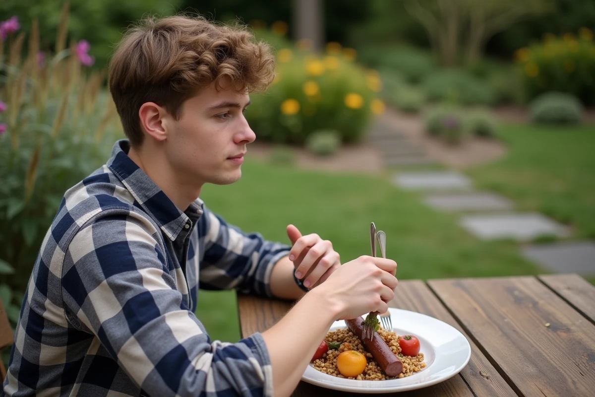 Jeune homme dégustant un plat de boudin noir en extérieur