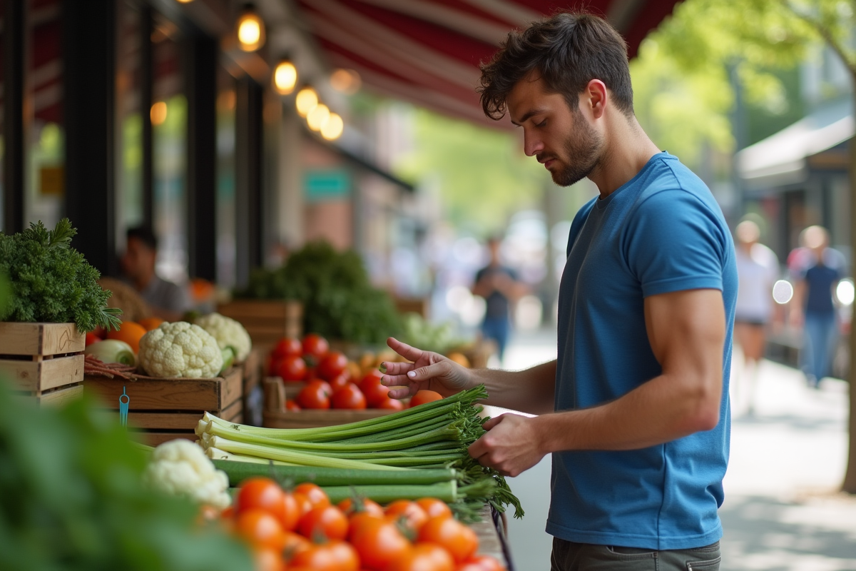 Jeune homme choisissant des légumes frais au marché