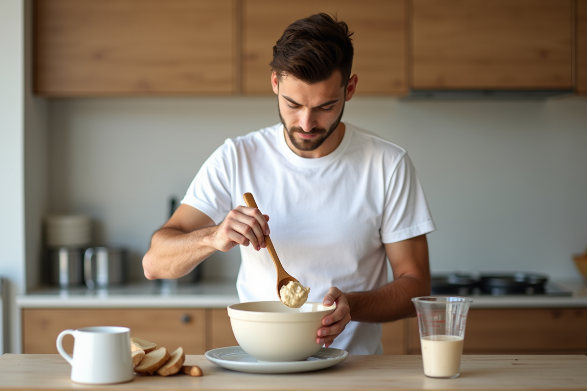 Jeune homme remue la purée dans un bol en céramique
