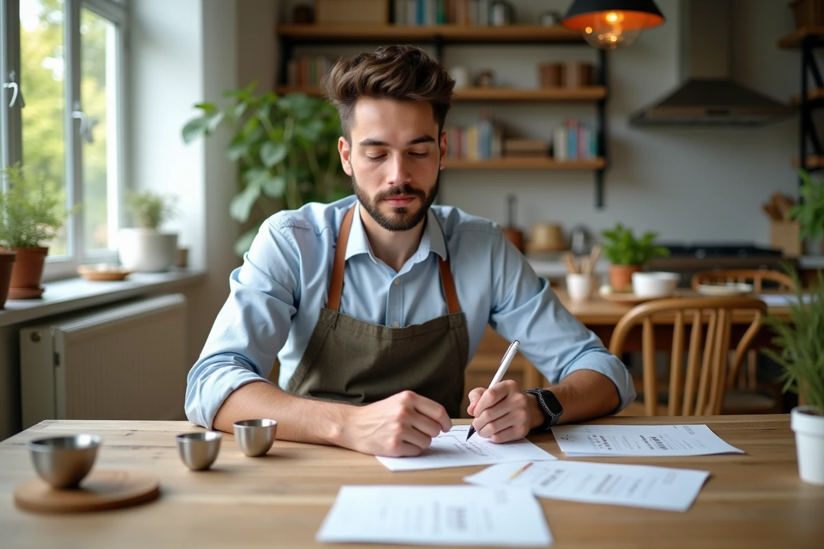 Jeune homme convertissant des ingrédients avec des cartes de recette