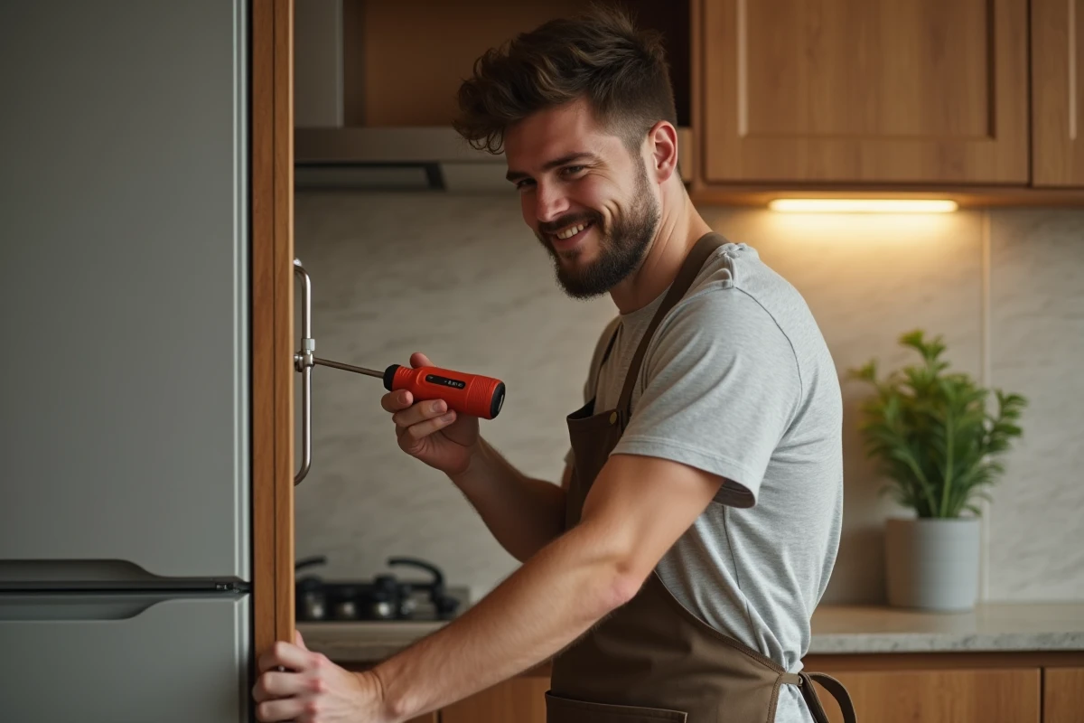 Jeune homme réparant une porte de cuisine avec tournevis