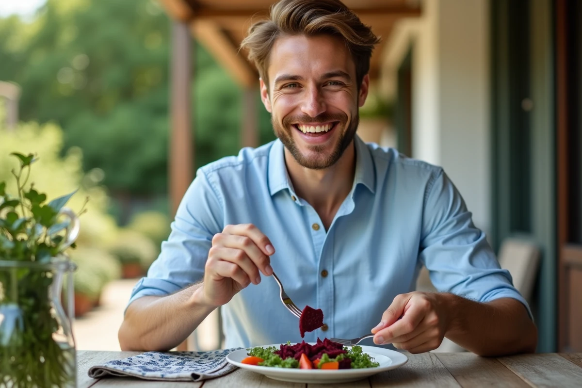 Jeune homme souriant avec une salade de betteraves en terrasse