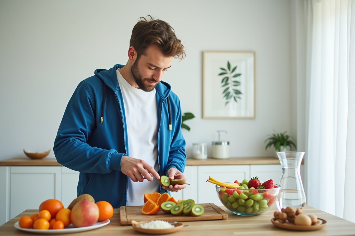 Jeune homme préparant une salade de fruits dans une salle à manger lumineuse