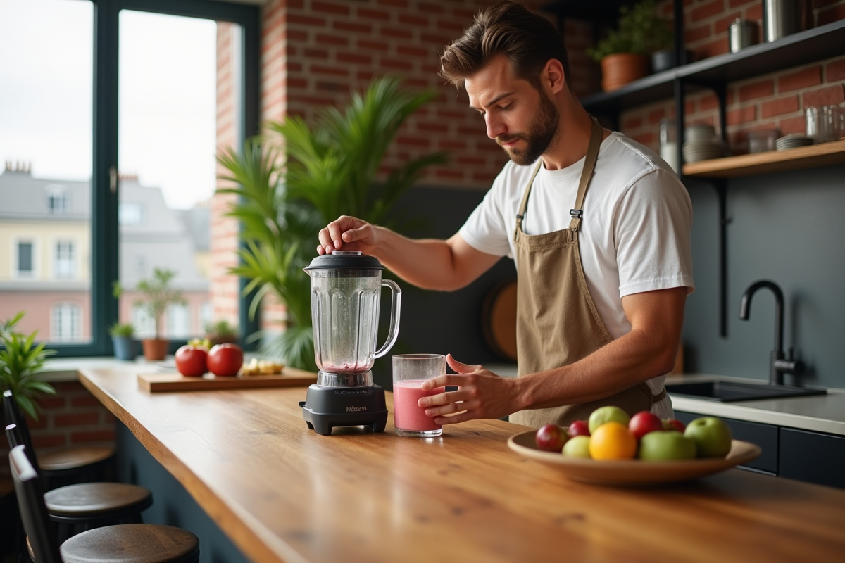 Jeune homme verse un smoothie dans un loft urbain