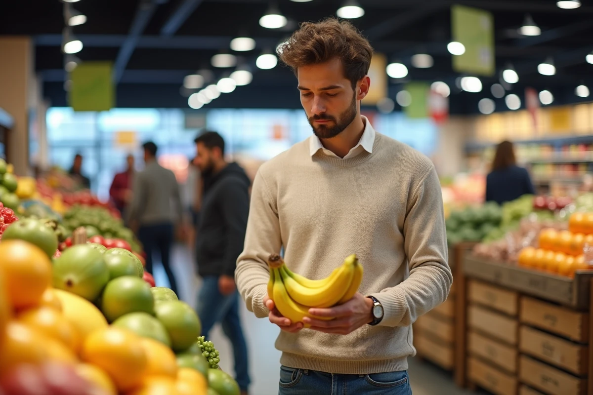 Jeune homme achetant des bananes au supermarche