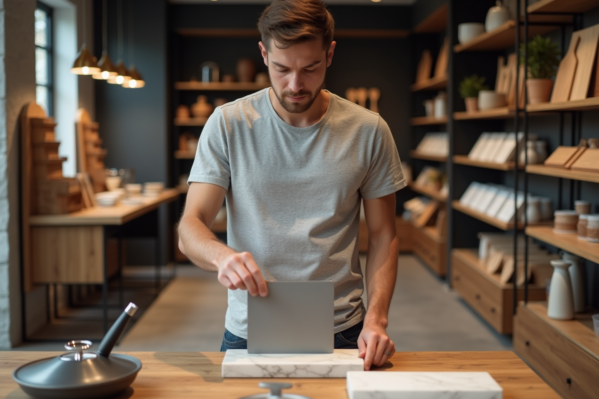 Jeune homme examine un plateau en titane en magasin