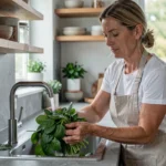 Femme lavant des épinards frais sous l'eau du robinet dans une cuisine moderne en pierre