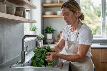 Femme lavant des épinards frais sous l'eau du robinet dans une cuisine moderne en pierre