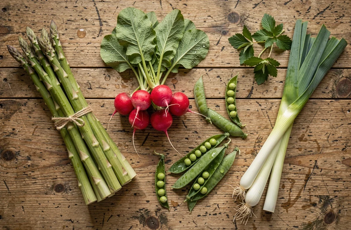 Vue de dessus d'une composition de légumes de saison d'avril sur une table en bois, avec asperges, radis, petits pois et ail des ours disposés naturellement