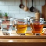 Trois verres doseurs d'un litre remplis d'eau, d'huile et de miel sur un plan de travail en bois illustrant la différence de densité et de masse entre les liquides