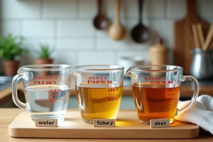 Trois verres doseurs d'un litre remplis d'eau, d'huile et de miel sur un plan de travail en bois illustrant la différence de densité et de masse entre les liquides