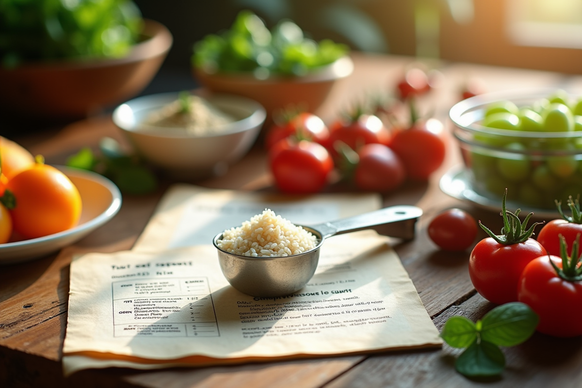 Livres de recettes ouverts avec cuillère à riz et ingrédients colorés sur une table en bois