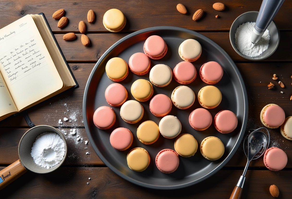 Assortiment de macarons colorés sur une table en bois avec recette et ustensiles