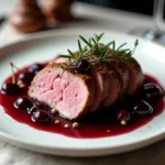 Magret de canard tranché nappé d'une sauce raffinée aux cerises et au vin rouge sur assiette blanche en céramique