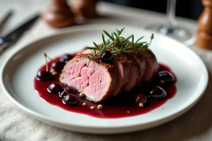 Magret de canard tranché nappé d'une sauce raffinée aux cerises et au vin rouge sur assiette blanche en céramique