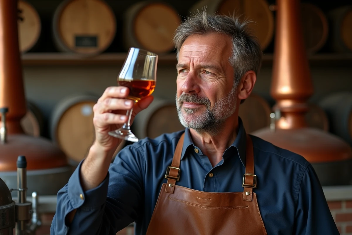 Maître distillateur dégustant un verre de whisky français pur malt Fondaudège dans une distillerie artisanale