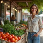 Femme souriante choisissant des légumes frais au marché