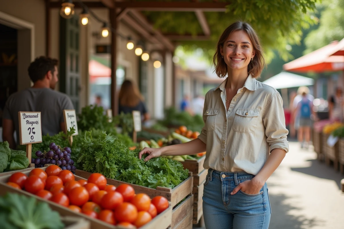 Femme souriante choisissant des légumes frais au marché
