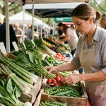 Femme choisissant des légumes de saison du mois d'avril sur un marché en plein air, avec des asperges, épinards et radis frais exposés sur un étal en bois