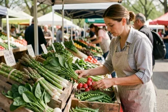 Femme choisissant des légumes de saison du mois d'avril sur un marché en plein air, avec des asperges, épinards et radis frais exposés sur un étal en bois