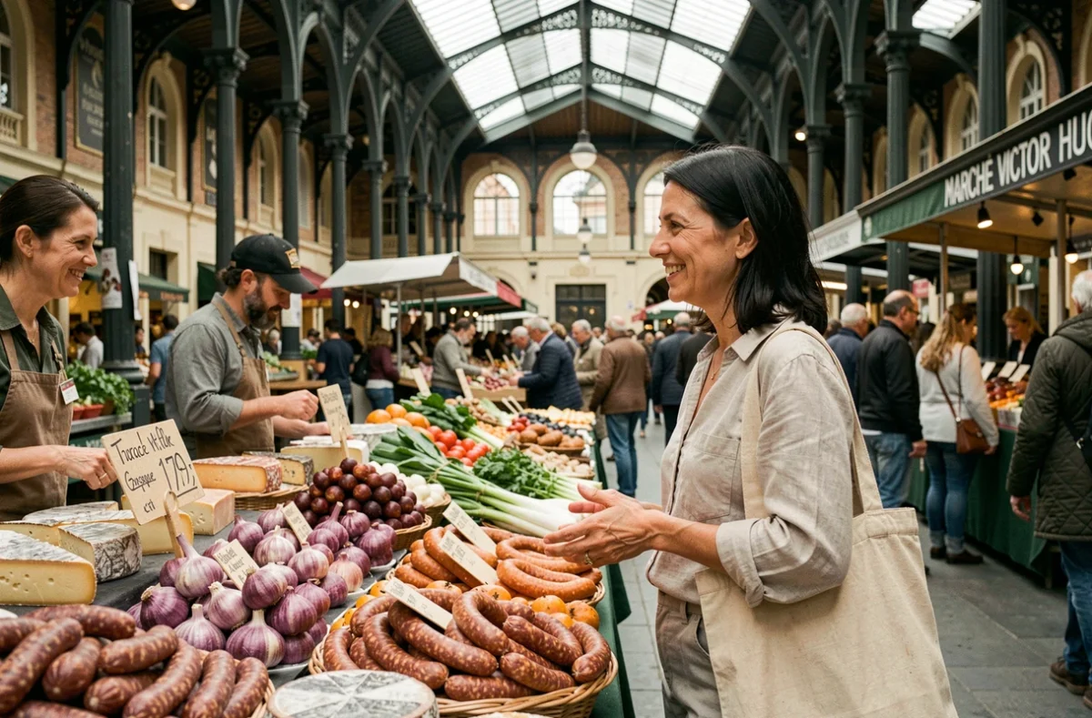 Femme discutant avec un vendeur au marché Victor Hugo de Toulouse devant un étal de charcuterie et fromages régionaux