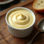Mayonnaise maison façon bistro dans un ramequin en céramique vintage sur table en bois rustique