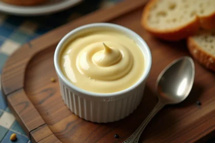 Mayonnaise maison façon bistro dans un ramequin en céramique vintage sur table en bois rustique