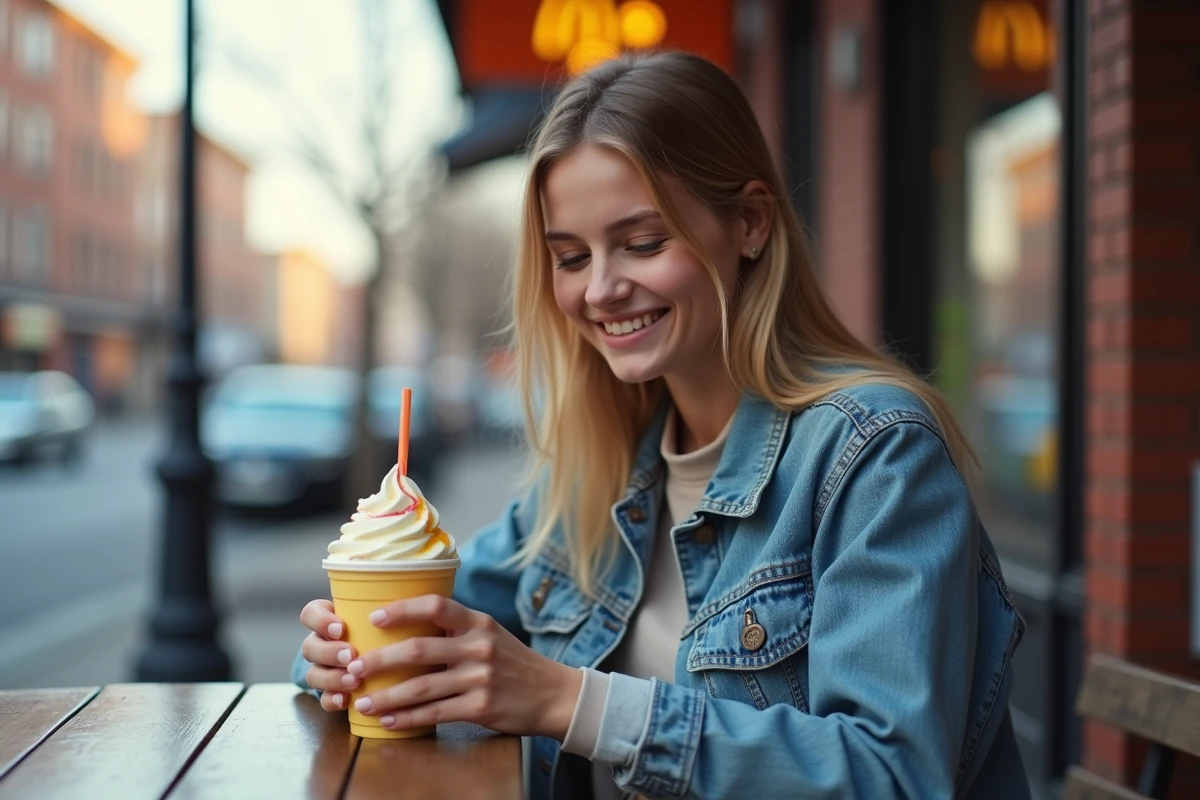Jeune femme tenant un McFlurry McDonald's en terrasse avec une cuillère, vêtue d'une veste en jean dans un cadre urbain