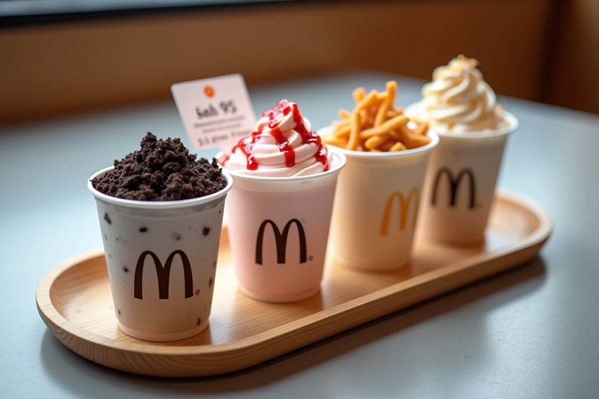 Plusieurs McFlurry McDonald's de différents parfums alignés sur un plateau en bois avec un menu de prix en arrière-plan