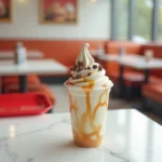 McFlurry McDonald's dans un gobelet transparent posé sur un comptoir en marbre blanc, avec glace vanille et morceaux de chocolat