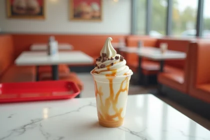 McFlurry McDonald's dans un gobelet transparent posé sur un comptoir en marbre blanc, avec glace vanille et morceaux de chocolat