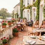 Terrasse de restaurant ensoleillée dans les Pays de la Loire, avec tables en bois, nappes en lin et vue sur la rivière en arrière-plan
