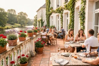 Terrasse de restaurant ensoleillée dans les Pays de la Loire, avec tables en bois, nappes en lin et vue sur la rivière en arrière-plan