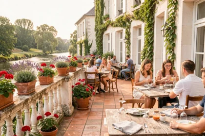 Terrasse de restaurant ensoleillée dans les Pays de la Loire, avec tables en bois, nappes en lin et vue sur la rivière en arrière-plan